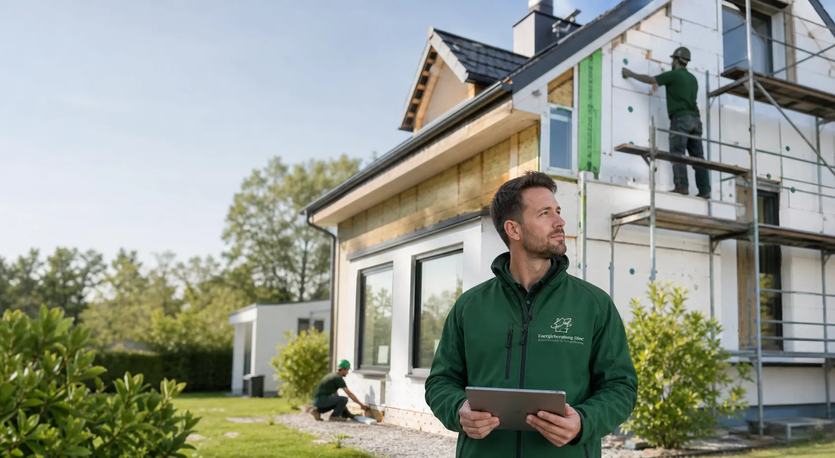 Energieberater mit Tablet vor einem Sanierungsobjekt mit Gerüst und Fassadendämmung – energetische Baubegleitung
