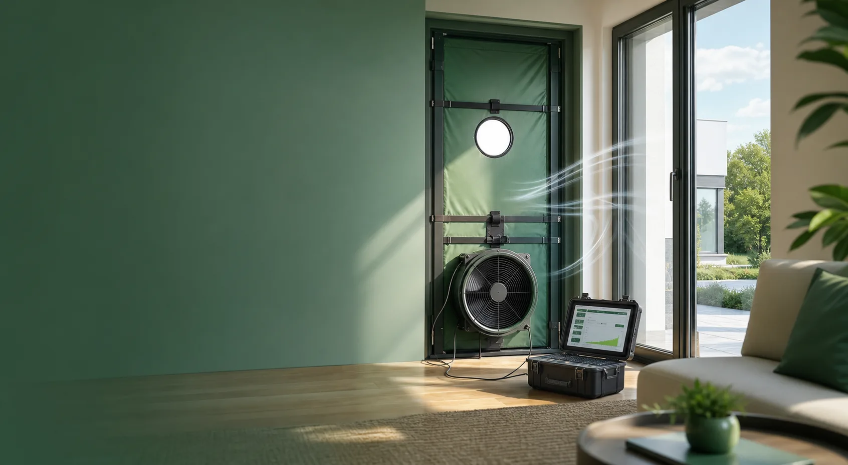 Blower-Door-Gebläse im Messrahmen einer Tür mit Messgerät – Luftdichtigkeitsmessung nach GModG