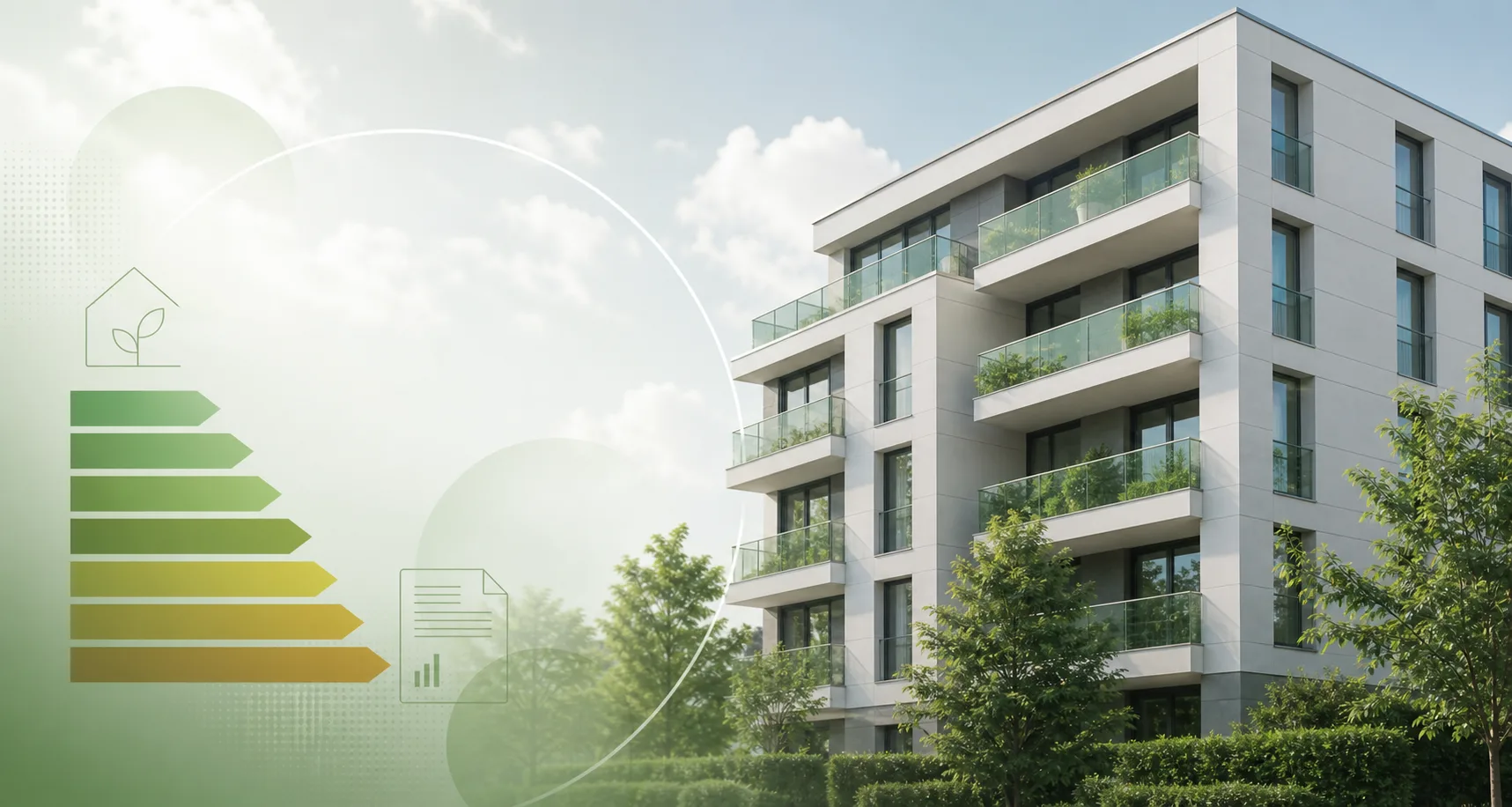 Modernes Wohngebäude mit Energieeffizienz-Skala und Dokument – Energieausweis nach GModG