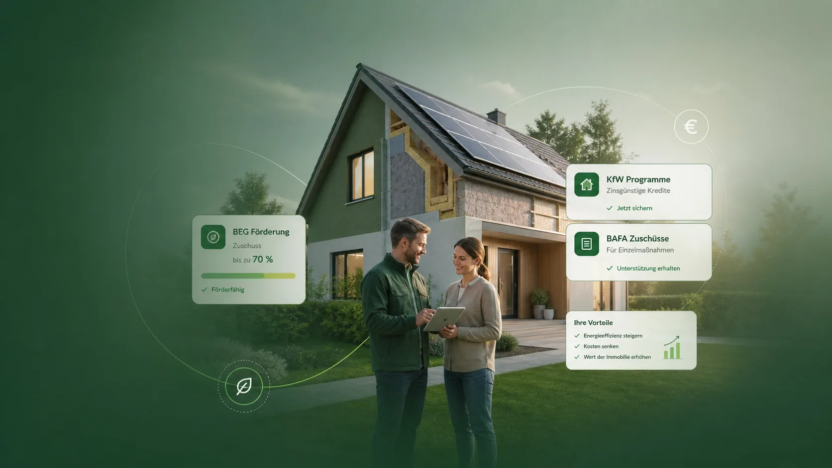 Paar vor einem energieeffizienten Wohnhaus mit Solaranlage – Überblick der Förderprogramme BEG, KfW und BAFA