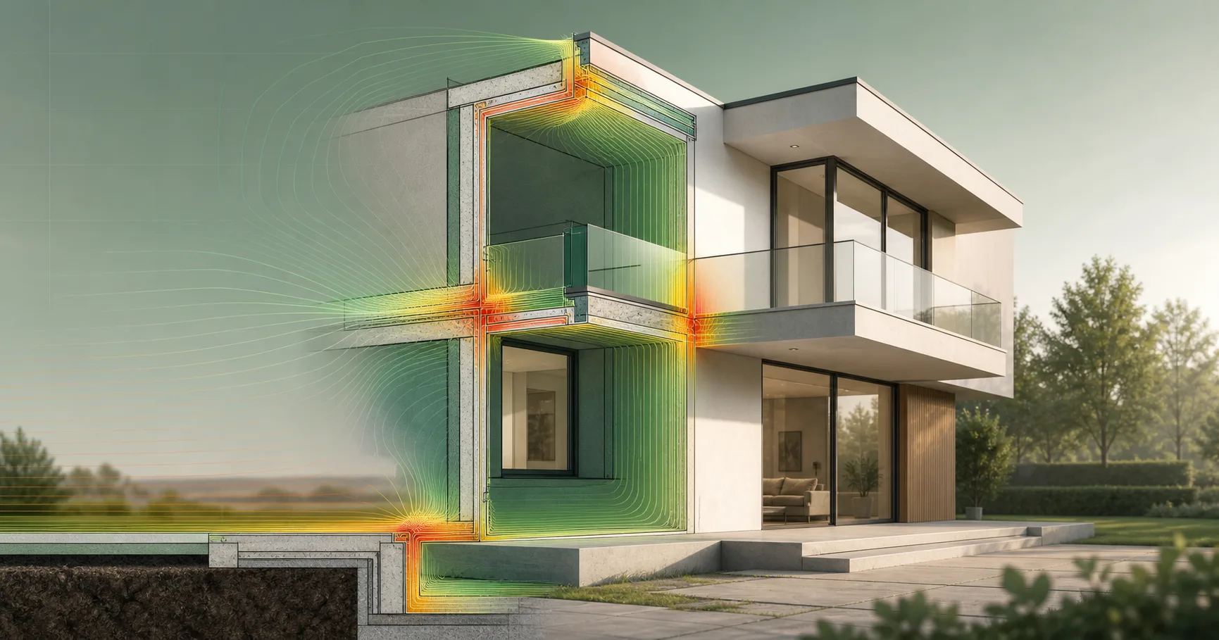 Modernes Wohnhaus mit Wärmestrom-Simulation und Isothermen an Wärmebrücken – Wärmebrückenberechnung